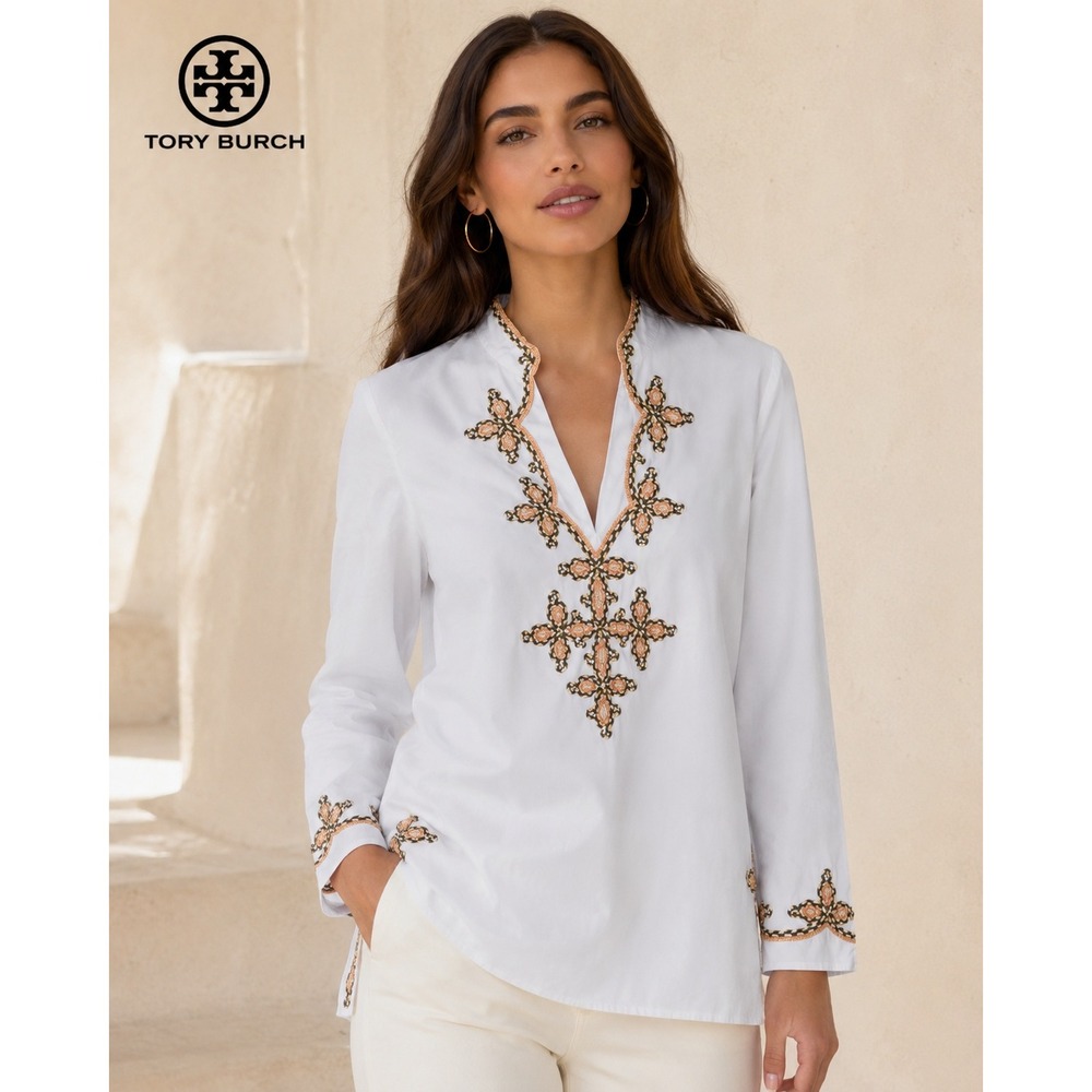 Tory Burch Embellished Tunic Top Blue Cotton Rope Trim Size 8 Resort Coastal